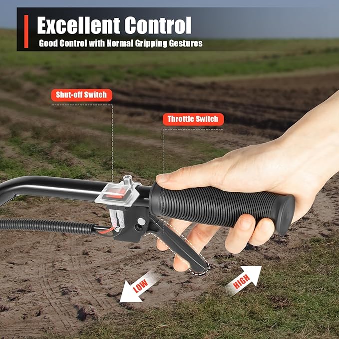 52cc 2 Stroke Gas Mini Tiller Cultivator, 1700W Garden Tiller with Widened Mud Flap and 4 Steel Tines, Gas Powered Garden Tiller Cultivator for Garden, Lawn, Soil Cultivation, 6500-7000RPM