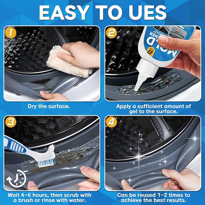 Mold Stain Cleaner, 8 Floz Washing Machine Cleaner Gel with Brush, Household All-Purpose Cleaner Highly Effective in Penetrating for Grout, Fridge, Bathroom, Shower, Front Load Washer, Tile Bathtub