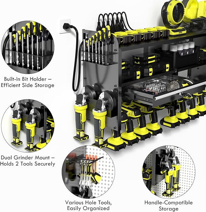 KSVO Power Tool Organizer Wall Mount with Drill Holder, Grinder Bracket, Hammer and Pliers, Locking Drawer, 6-Outlet Charging Rack - Heavy Duty Metal Tool Storage Garage, Workshop (Yellow)