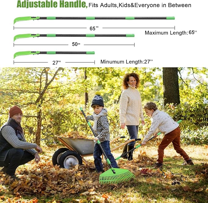 Lightweight Plastic Leaf Rake for Lawns - 16.5'' Wide Garden Rake for Leaves,Gentle on Lawn,65'' Adjustable for Women Seniors Kids,Outdoor Yard Rakes for Sweep Leaves,Grass, Pine Needle