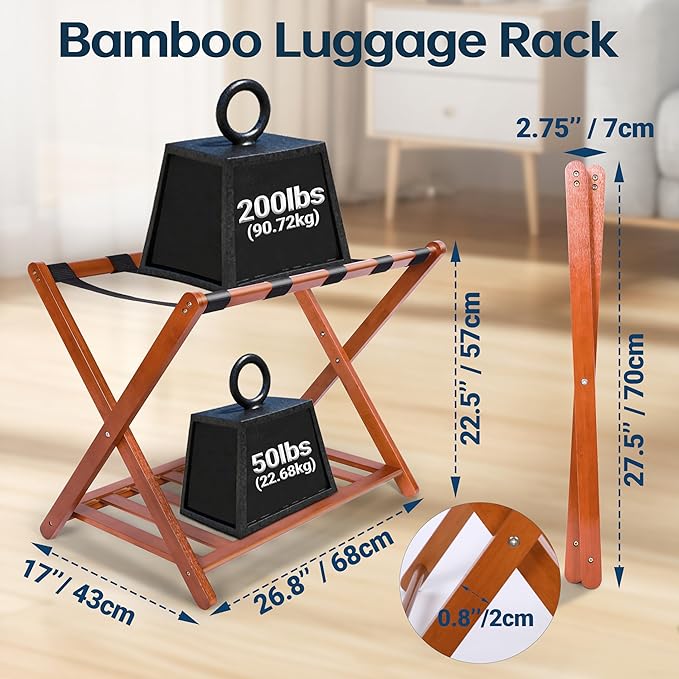 Whitmor Bamboo Luggage Rack with Bottom Shelf, Foldable Suitcase Stand, Heavy Duty Storage Shelf, 5 Nylon Straps & X-shaped Frame, Fully Assembled Walnut Luggage Holder for Guest Room, Bedroom, Hotel