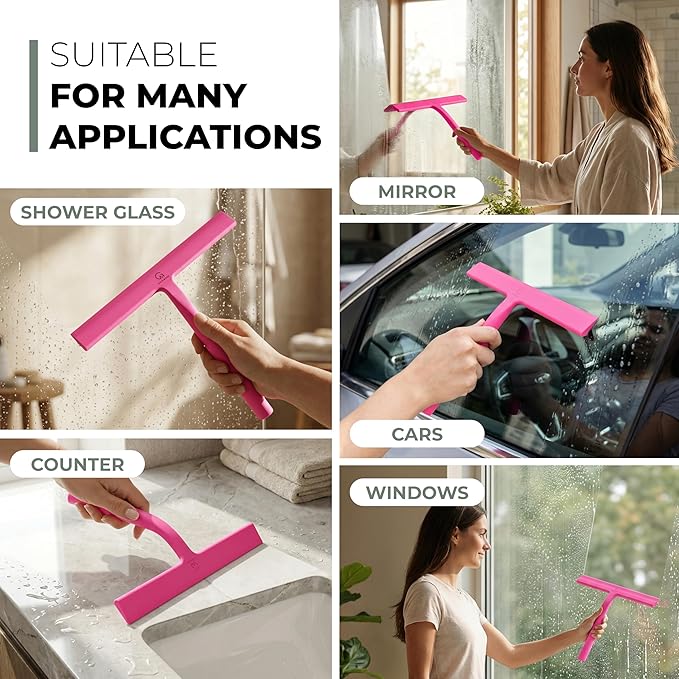 GÜTEWERK Silicone Shower Squeegee for Glass Doors & Mirrors with Stainless Steel Core, Streak-Free & No-Squeak Window Cleaning, 3-in-1 No-Drill Mount (Hook/Suction/Adhesive),Pink, 15 Inches