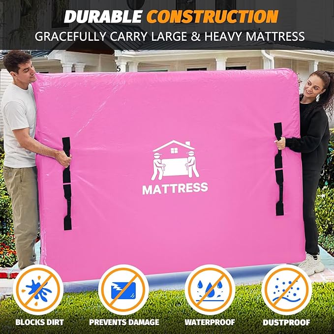 Mattress Bags for Moving, BETU Mattress Protector Waterproof Mattress Cover Queen Size Storage Bags with 8 Heavy-Duty Handles and Zipper for Bed Extra Thick Large Reusable (82"x62"x15" Pink)