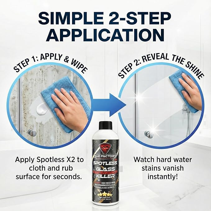 Sud Factory Hard Water Spot Remover for Glass Spotless X2 - Removes Water Stains from Shower Doors, Car Windows, Windshields - Professional Strength 16oz