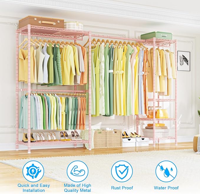 Ulif E10 Clothes Rack（With Stretchable Hanger Rod）Freestanding Clothing Racks for Hanging Clothes，Adjustable Closet Organizer System，Portable Garment Rack 73-97"W x 15" D x 72" H，Max Load 800LBS，Pink