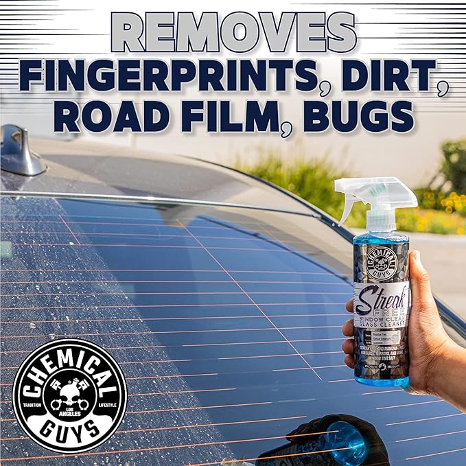 Chemical Guys Streak Free Glass & Window Cleaner (Glass, Windows, Mirrors, Nav Screens & More) Ammonia Free, 16 fl oz + Waffle Weave Glass and Window Microfiber Towel, Blue (24"x16")