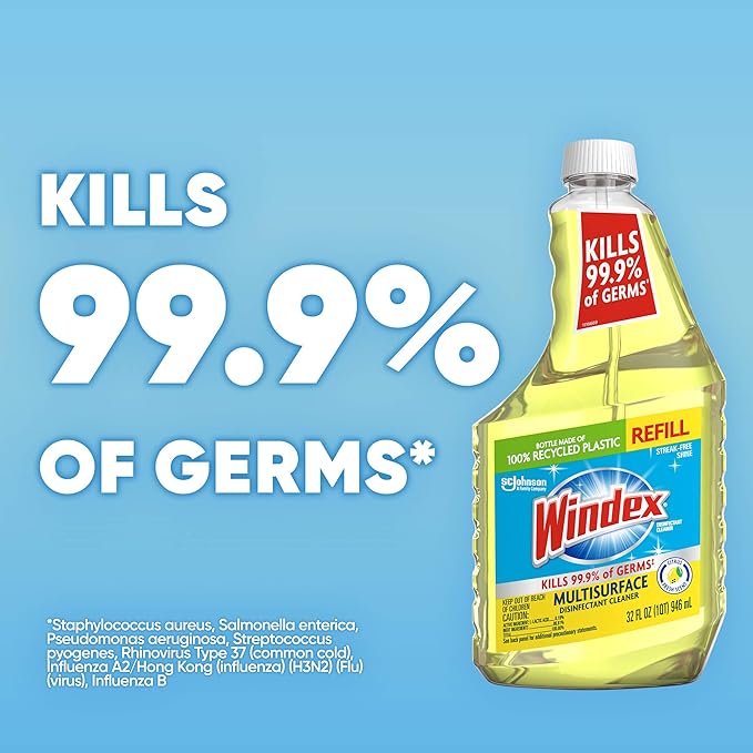 Windex Refill Multipurpose Disinfectant Cleaner Spray with Reusable Trigger, Bottle Made from 100% Recovered Coastal Plastic, Surface Cleaning Spray, Citrus Fresh Scent, 32 Fl Oz (Pack of 3)