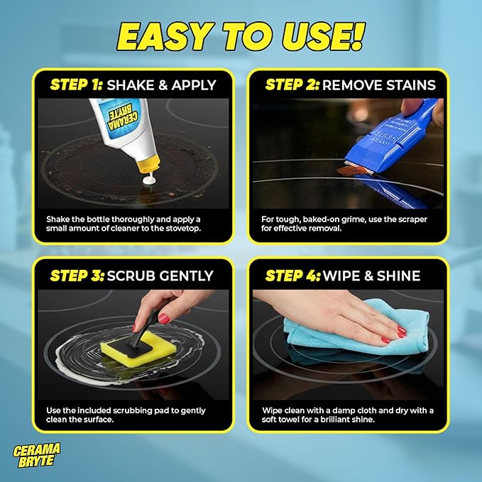 Cerama Bryte Glass Cooktop and Stove Top Cleaner Combo Kit - Includes Cleaning Tool, Razor, Scraper and 1 Pad to Remove Tough Stains - Use on Gas, Electric, Ceramic Surfaces, 18 Ounces, 4 Piece