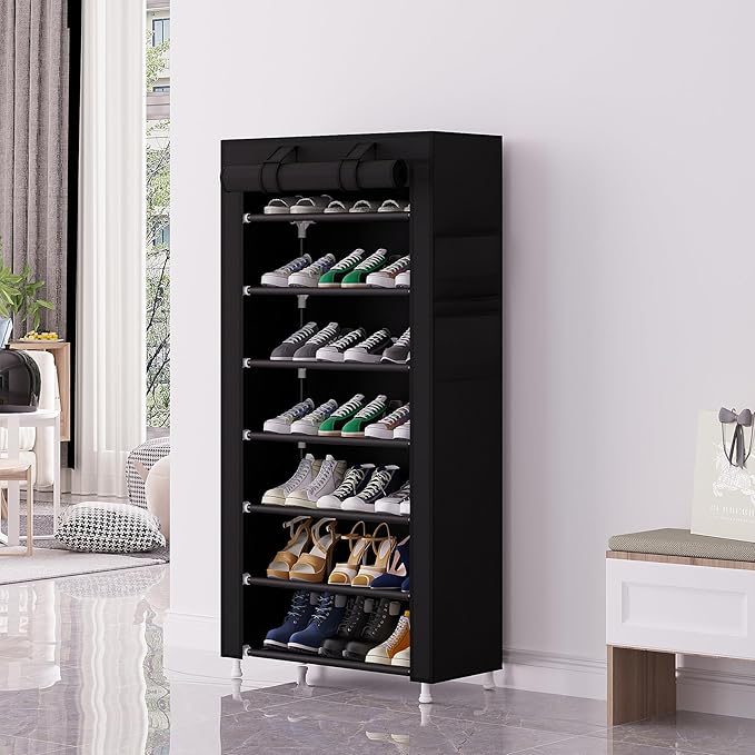 Calmootey 7 Tier Shoe Rack Organizer,Portable Shoe Shelf with Nonwoven Fabric Cover for Closet Hallway,Bedroom,Entryway,Black
