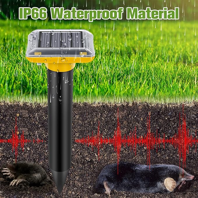 Solar Ultrasonic Mole Repellent, Gopher Repeller Outdoor, 4 Packs Solar Powered Waterproof Snake Repellent Deterrent Gopher Vole Snake Pest and Other Animals from Lawn Garden Yard Home(Yellow)
