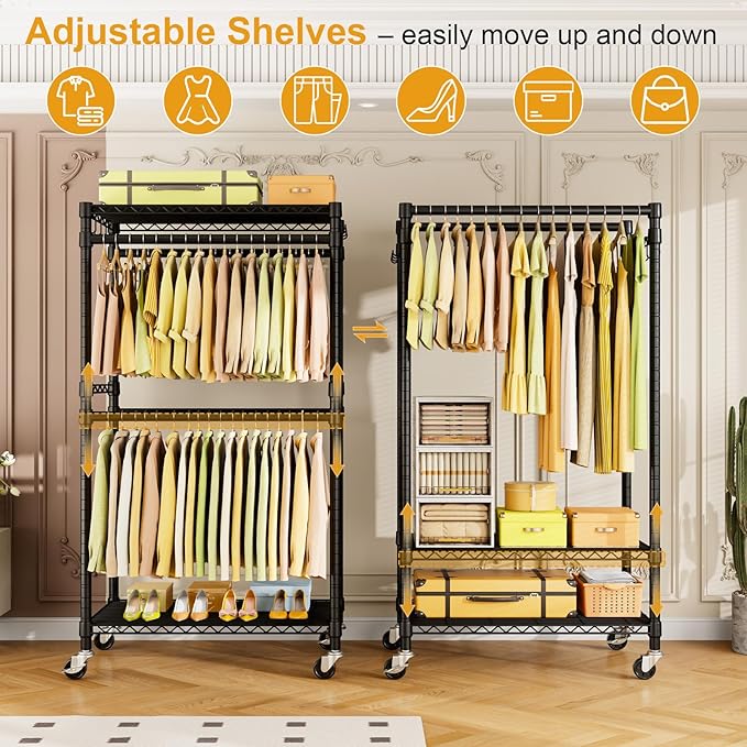 ULIFHOME P4 Rolling Clothes Rack Heavy Duty, Clothing Racks for Hanging Clothes, Freestanding Garment Racks with Wheels, Metal Portable Closet Rack 35.5''W × 20.5''D × 80.5''H, Max Load 560Lbs, Black