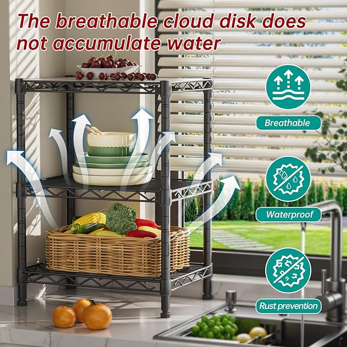 Golpart 3 Tier Adjustable Storage Shelves Heavy Duty Metal Utility Shelf Wire Shelving Unit Organizer Rack for Home Kitchen Office Bathroom Pantry Room 12" D x 18" W x 30" H