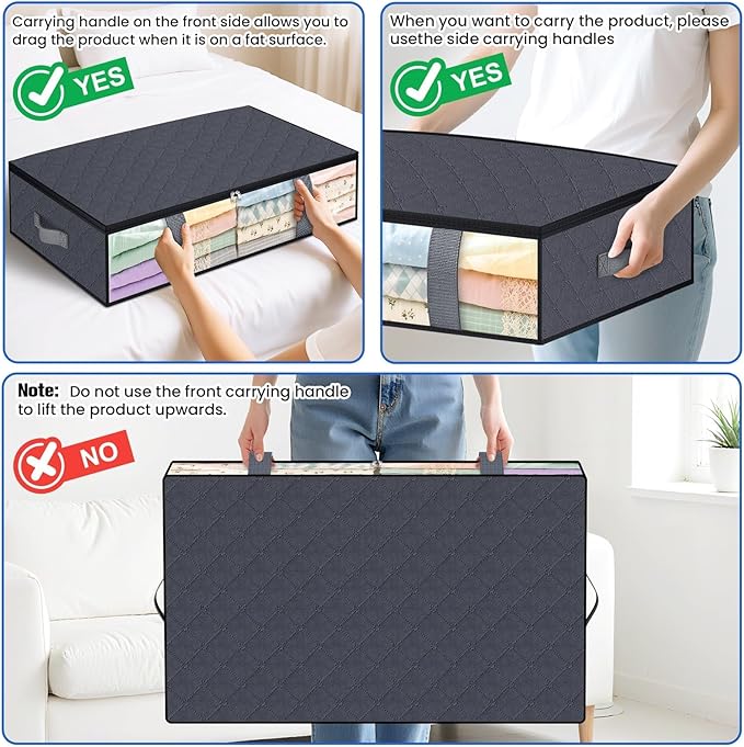 TasticTotes Under Bed Storage Containers, 2 Pack Blanket Storage Bags, Collapsible Storage Bags with Big Zippers, Clear Front, Shoe Storage and Organization for Clothes, Comforter, 75L, Grey