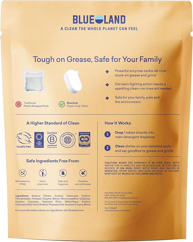BLUELAND 100% Plastic-Free Dishwasher Detergent Tablets, 120 Count, Free & Clear, Eco-Friendly Dishwashing Pods, Natural, USDA Certified biobased