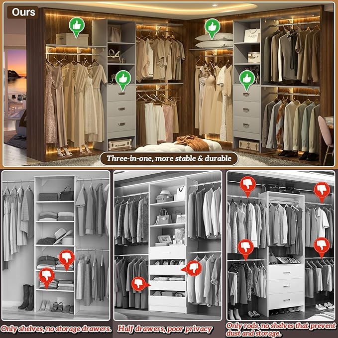 iSunirm 8FT Closet System, 96'' Closet Organizer System with 3 Hanging Rods, Wall Mount Bedroom Wardrobe with 3 Drawers Walk-in Closet, Adjustable Cloth Garment Rack from 5 to 8FT (Cut to Fit), Grey