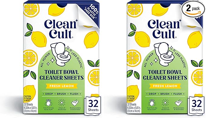 Cleancult Toilet Bowl Cleaner Sheets - Dissolvable, Septic Safe, Effective Cleaning, Removes Stains & Rings, Cleans & Deodorizes - 32 Uses - Fresh Lemon Scent - Plastic-Free Packaging,(Pack of 2)