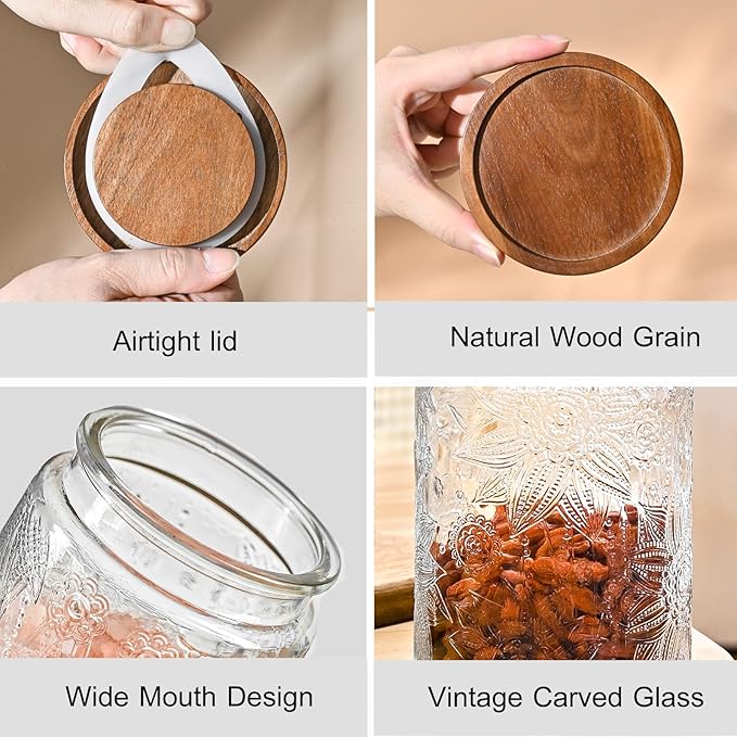 Adodeen 3-Pack 32oz Glass Jar With Airtight Lid,Kitchen Canisters For Countertop,Coffee Sugar Container Set,Pantry Glass Storage Containers For Flour,Candy,Loose Tea,Snack jar