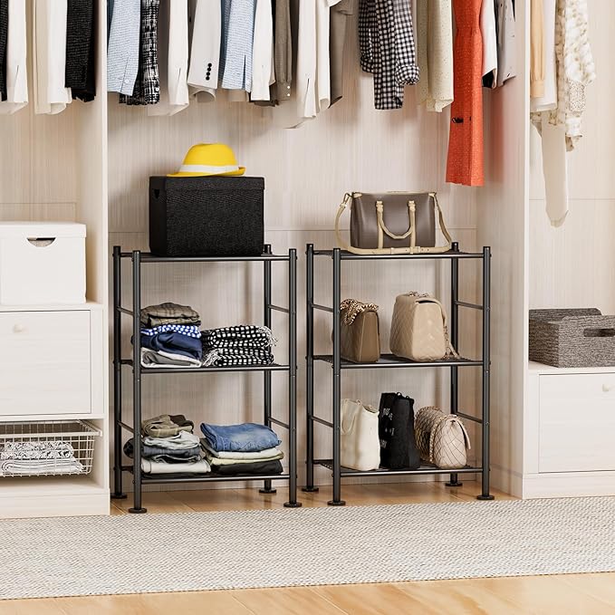 BolDuck 3 Tier Shelf Organizer Rack, Metal Shelving Unit with Adjustable Leveling Feet, Space-Saving Storage Shelves for Closet Laundry Bathroom Kitchen Pantry, 18.11" Wx12.6 Dx29.53 H, Black