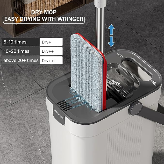 Mop and Bucket Set, 3-Tank Flat Mop and Bucket System for Separate Dirty & Clean Water, 65" Mops for Floor Cleaning with 8 Washable Pads, Safe for Hardwood, Vinyl, Tile, Baseboards, Walls