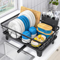 Urackify Compact Dish Drainer for Kitchen Counter - Expandable Large Capacity Drying Rack with Removable Cutlery Holder, Anti-Rust Plate Rack, Non-Slip Feet