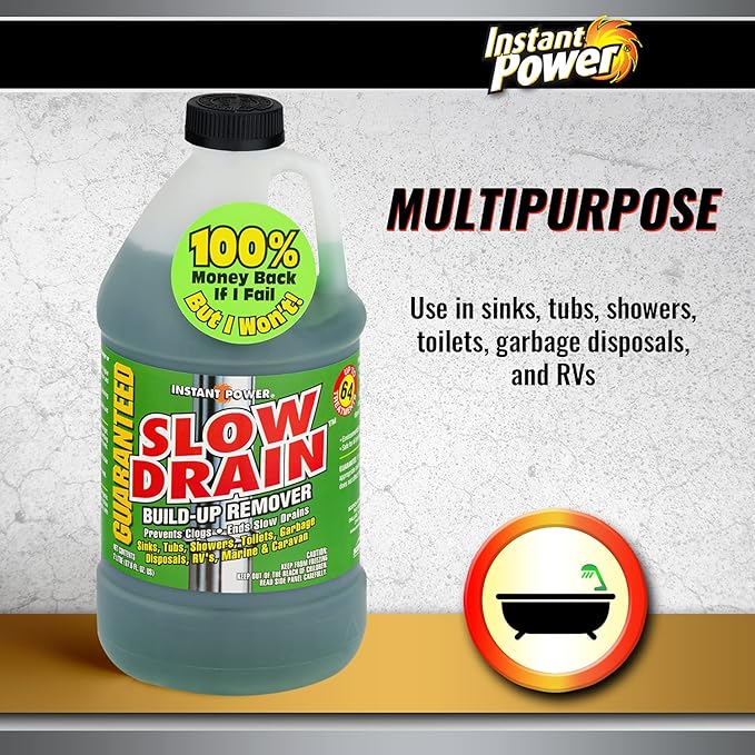 Instant Power Slow Drain Build Up Remover – Prevents Clogs, Ends Slow Drains for Sinks,Tubs, Showers, Toilets, Disposals, RVs, 2 Liters
