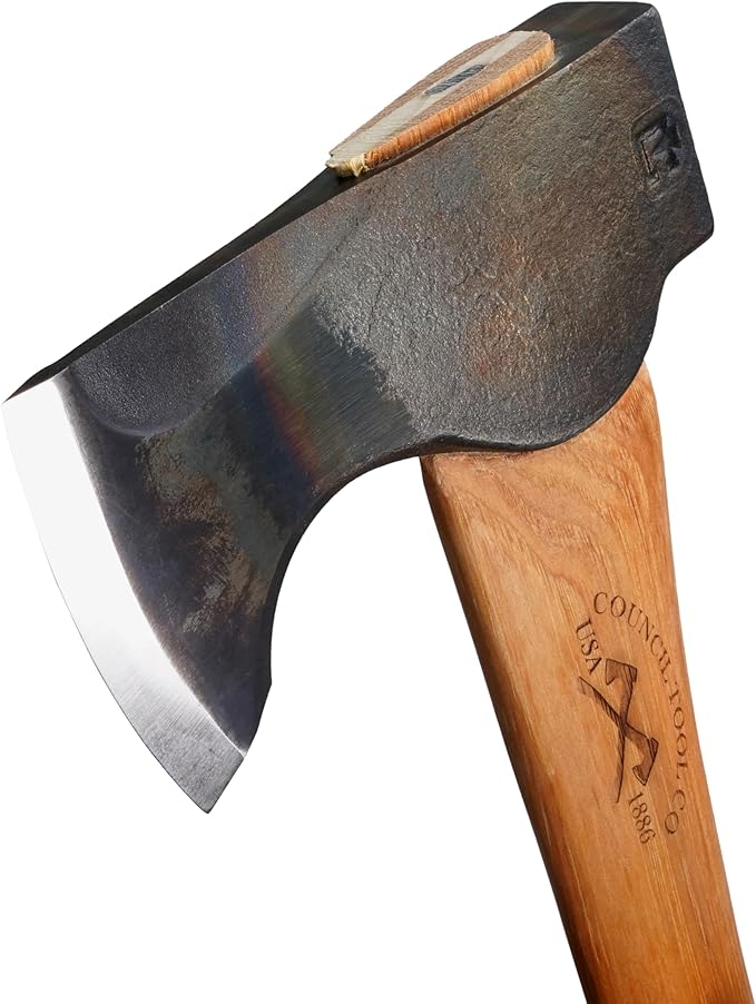 COUNCIL TOOL Wood-Craft Pack Axe - 2 lb Camping Axe, 19" Hickory Handle with Leather Sheath, Made in The USA - WC20PA19C