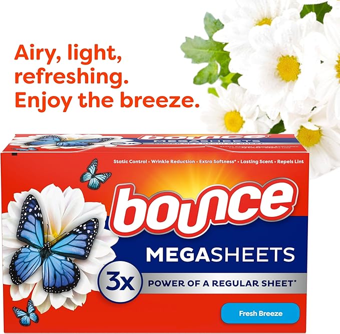 Bounce Mega Dryer Sheets, Fresh Breeze, 130 Count, Mega Fabric Softener Sheets with Static Control, Wrinkle Reduction, Extra Softness, Lasting Scent, Repels Lint