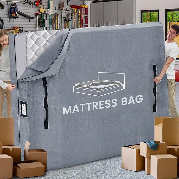 Mattress Bags for Moving and Storage, BETU Waterproof Mattress Protector Full XL Mattress Cover with 8 Heavy Duty Handles and Zipper Extra Thick Moving Supplies for Bed Reusable (82x57x13.5 Grey)