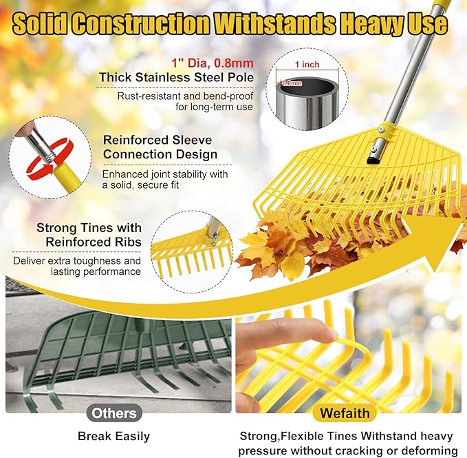 Plastic Leaf Rake for Lawns - Lightweight & Anti-Break Nylon Head, 16.5'' Wide Yard & Garden Rake for Leaves, Grass, Pine Needles, Adjustable Long Handle Easy Use for Women,Seniors,Kids