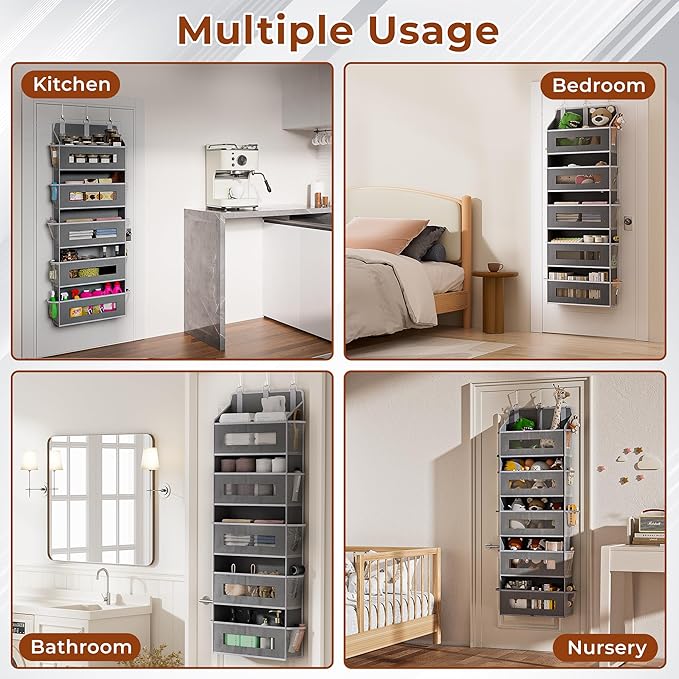 5 Tier Over The Door Organizer - Large Capacity Behind Door Hanging Shelves with 10 Mesh Pockets and Clear Windows, Closet Organizers and Storage for Bathroom, Bedroom, Nursery, 3 Pack Grey
