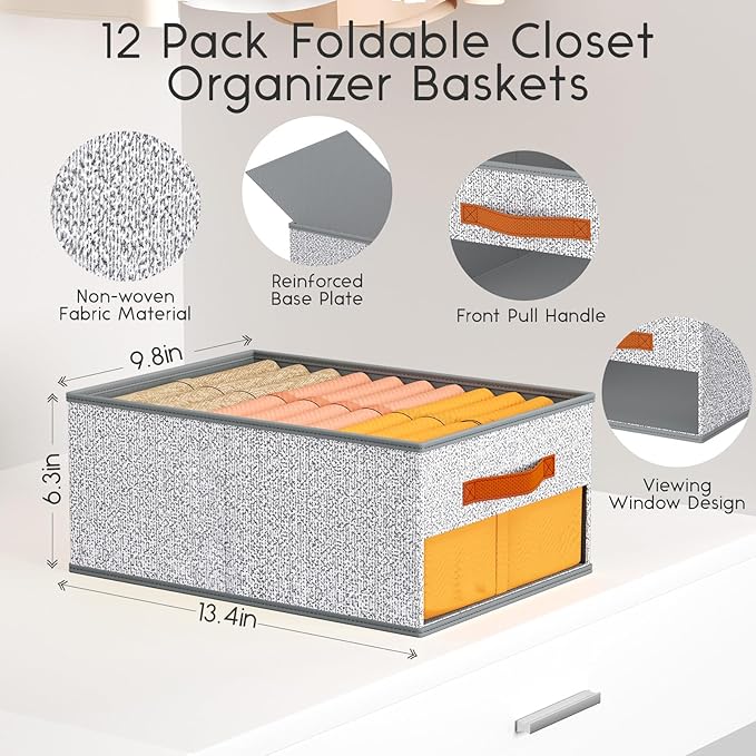 Homsorout Drawer Organizers and Storage - 12 Pack Foldable Pants Organizer with Clear Window & Handles, Fabric Closet Organizer for Clothes, Jeans, Sweaters, Towels, T-shirt, Scarf (Ant Light Gray)