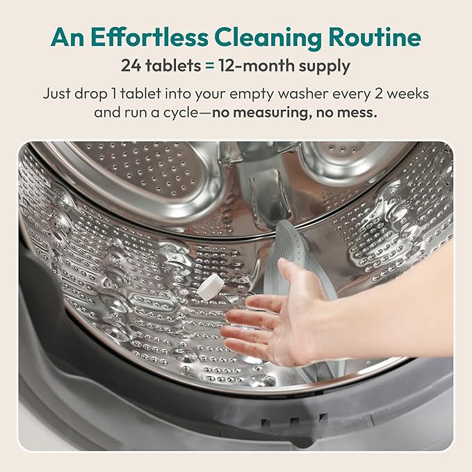 FEBU Washing Machine Cleaner Tablets Made in USA | Washer Machine Cleaner & Deodorizer | Removes Gunk & Grime | 7 Natural, Biodegradable, Plant-Based Ingredients | 24 Tablets - 12 Month Supply