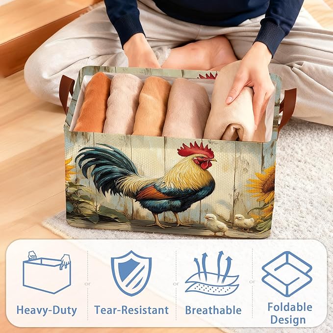 Retro Rooster Storage Basket with Handles,Chicken Sunflower Collapsible Rectangle Organizer Bin for Room Decoration Books Box Baskets 17x11.5x10Inch