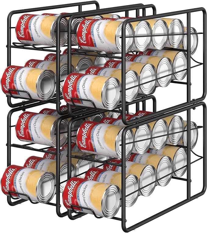 MOOACE 4 Pack Can Dispenser Rack, Stackable Soda Can Organizer Holder for Canned Food Storage Kitchen Cabinet Pantry Countertop, Black