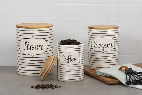 10 Strawberry Street Labeled Ceramic Kitchen Canister Set, Set of 3, Coffee Sugar Flour, White/Black, Bamboo Lids