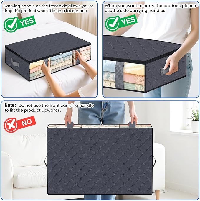 TasticTotes Under Bed Storage Containers, 6 Pack Blanket Storage Bags, Collapsible Storage Bags with Big Zippers, Clear Front, Shoe Storage and Organization for Clothes, Comforter, 60L, Grey