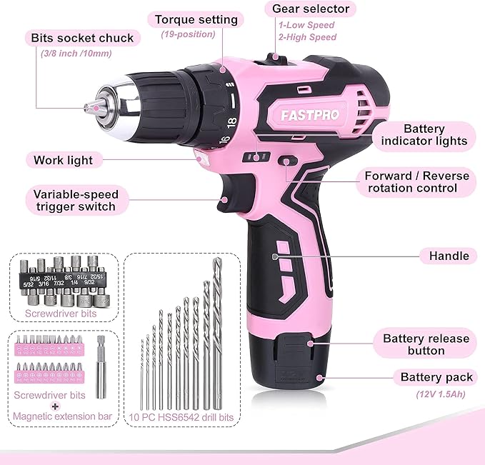 FASTPRO Pink Tool set -220-Piece Lady's Home Repairing Tool Kit & 12V Pink Cordless Lithium-ion Drill Driver