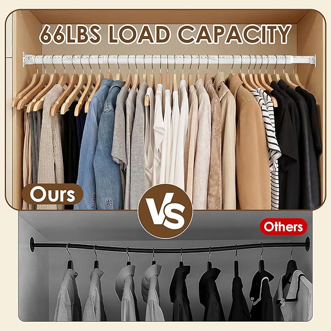 Closet Rod 17-87 Inches，1.3 Inch Diameter Heavy-Duty Adjustable Closet Rods for Hanging Clothes Closet Hanging Rod Metal Closet Poles for Wardrobes Laundry RV Bathroom（White Wood Grain Finish）