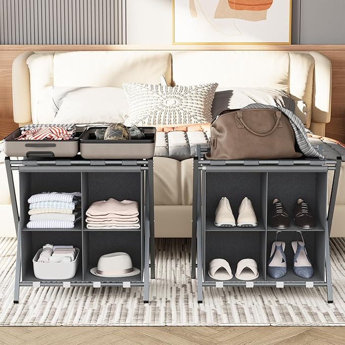 aboxoo Luggage Rack with storage, Guest Room Folding Suitcase Stands, Holds up to 120 lb, Space Saving Suitcase Holders for guest room, Bedroom Hotel, Grey