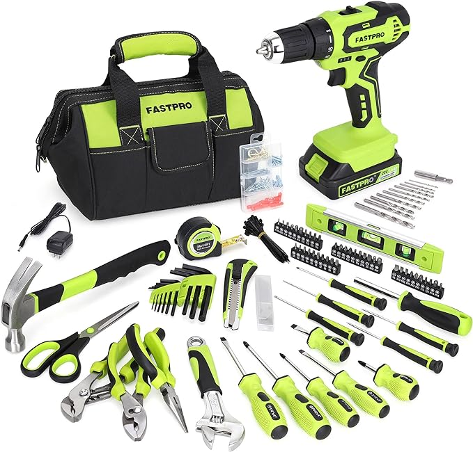 FASTPRO 232-Piece 20V Cordless Lithium-Ion Drill Driver & Home Tool Set, Household Repairing Tools Kit with Drill, 12-Inch Wide Mouth Storage Bag, Green