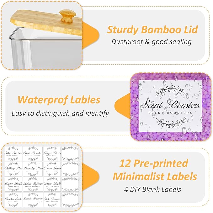 efluky 2 Pack Laundry Pods Container & Dryer Sheet Holder Set,Clear Laundry Room Organization Containers with Bamboo Lids and Labels,Laundry Pods Holder for Scent Booster,Powder,Pod