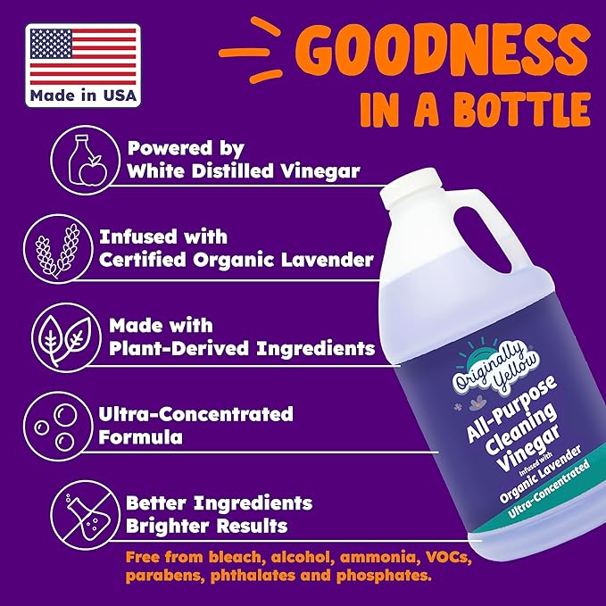 Originally Yellow Lavender White Vinegar For Cleaning Purpose | USA Made All Purpose Cleaner | Use as Glass, Kitchen & Floor Cleaner | Plant Derived Cleaning Vinegar 1 Gallon in 2 pack | 128 Oz