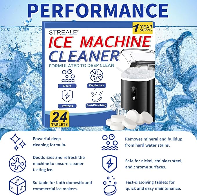 Ice Machine Cleaner Maker and Descaler - 24 Ice Maker Cleaner Tablets Compatible with All Major Brands, Nickel Safe Descaler Countertop Portable Commercial Icemaker Cleaning Solution
