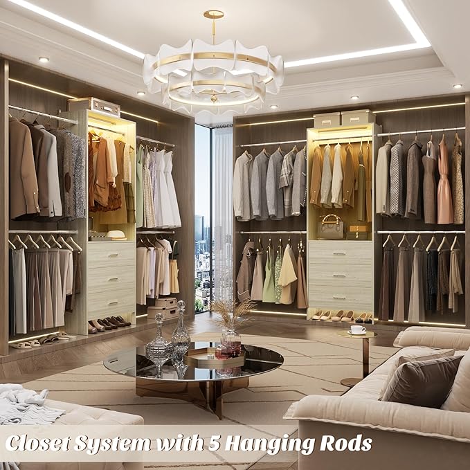 Aheaplus Closet System with Motion-Sensing Light, 3 Wooden Drawers and 4 Hanging Rods, Customizable Walk-in Closet Organizer with 3CCT LED, Heavy Duty Garment Rack for Bedroom, White Oak