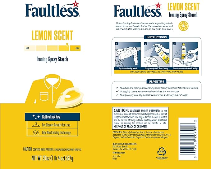 Faultless Lemon Laundry Starch - Lemon Scented Spray Starch 20 oz Cans for Smooth Iron Glide on Clothes & Fabric - Easy Iron Glide, No Residue (Pack of 4)