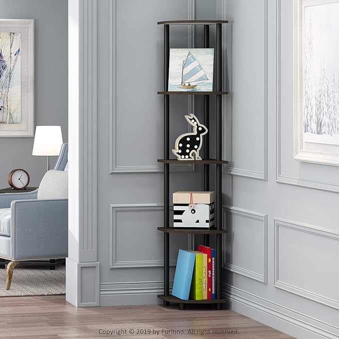 Furinno TURN-N-TUBE Corner Shelf, 5-Tier Corner Bookshelf, Open Storage Shelves, for Organization and Storage, Living Room, Home Office, Garage, Bedroom, Dark Brown Grain
