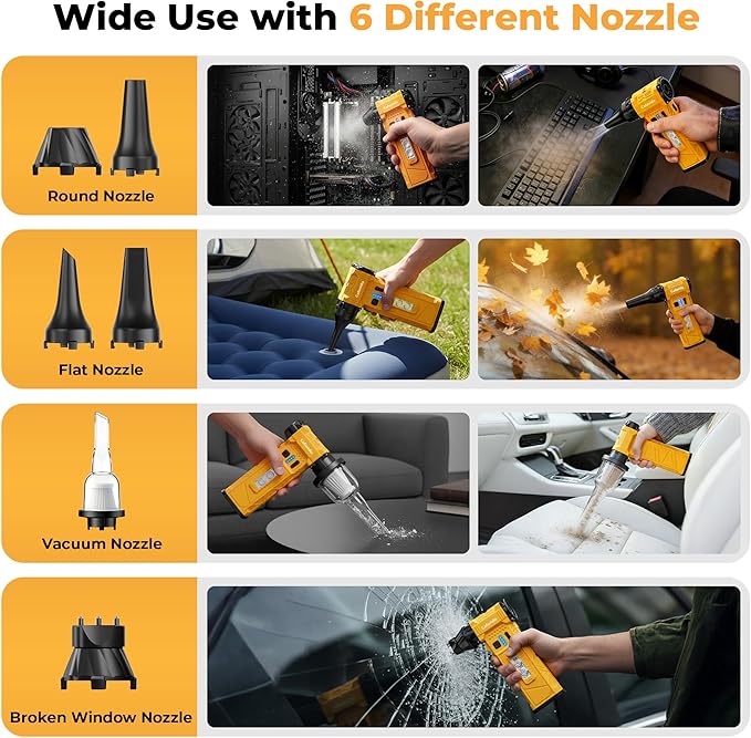 Compressed Air Duster & Vacuum 2-in-1, 180000RPM Brushless Motor Electric Air Duster with 8000mAh Battery, Rechargeable Cordless Air Blower with Window Breaker, 7-Mode Light for PC, Car, Home, Outdoor