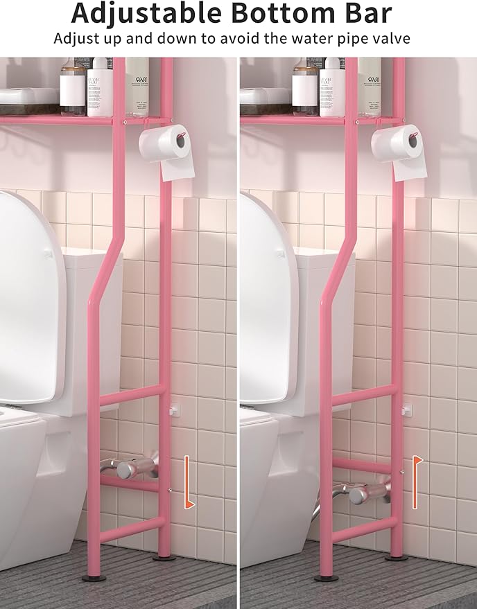 Livilord 3-Tier Over The Toilet Storage, Freestanding Metal Bathroom Shelves with 4 Hooks, Over Toilet Storage Shelf with Paper Holder, Above The Toilet Shelf for Bathroom Storage, Pink