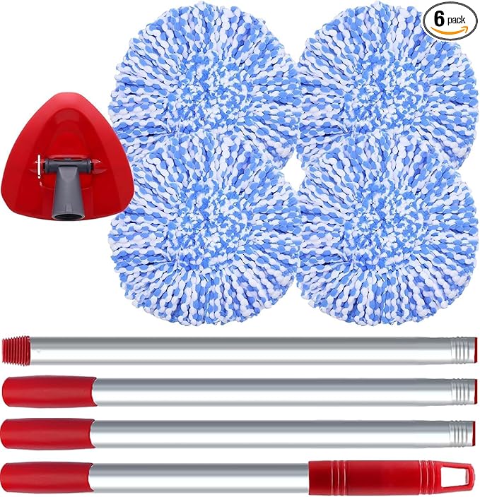 Small Spin Mop Replacement Head Compatible with Ocedar 2 Tank RinseClean, 4 Mop Heads +1 Stick+1 Base , Microfiber Mop Refills and 30-58in Handle, Easy-to-Replace(Blue,2 Tank)