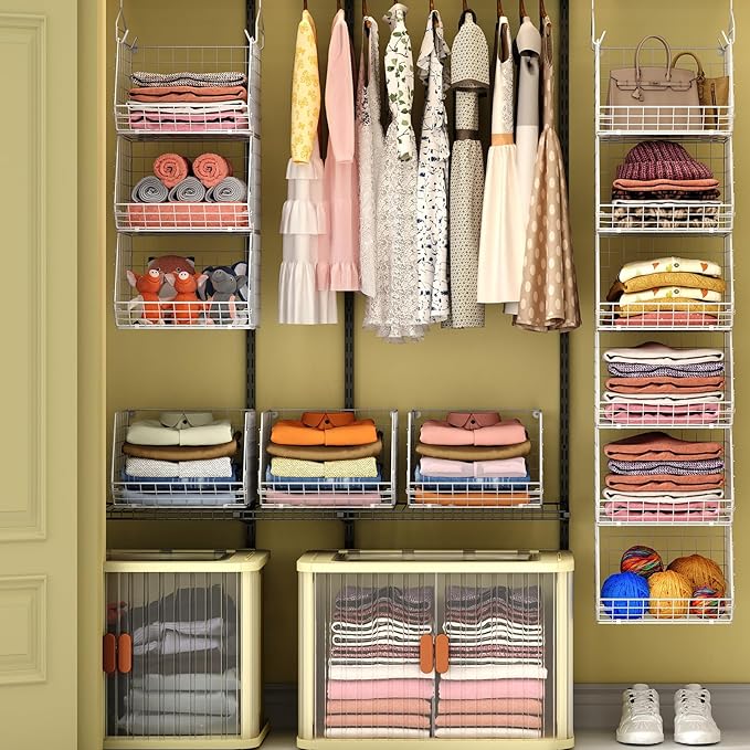 X-cosrack 6 Tier Closet Hanging Organizer, Clothes Hanging Shelves with 4 Hanging Hooks 5 S Hooks, Wire Storage Basket Bins, for Clothing Sweaters Shoes Handbags Clutches Accessories Patent